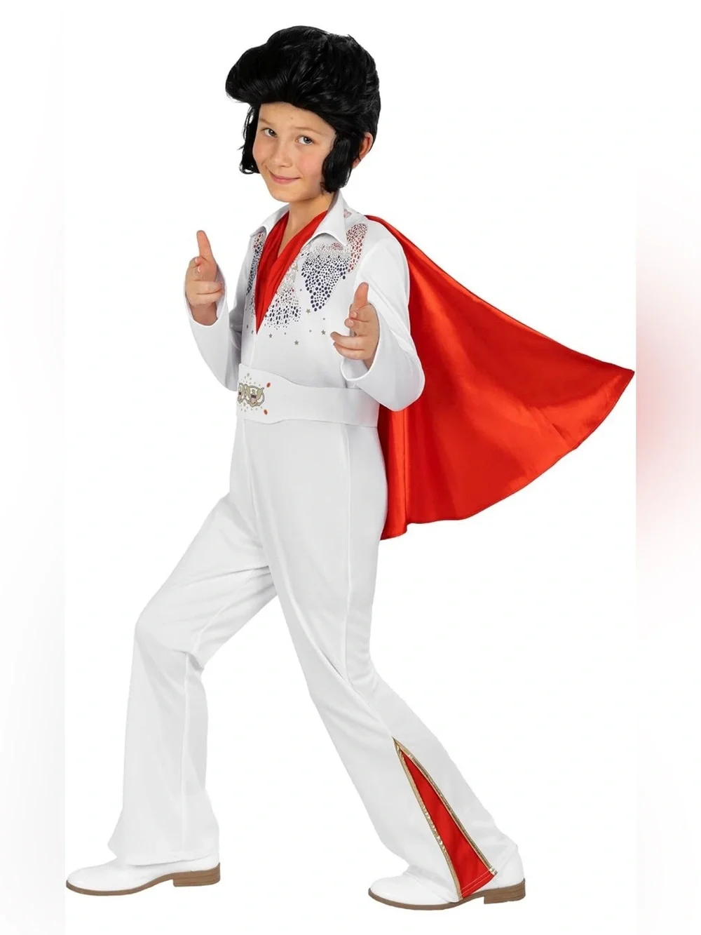 Kids White and Red Elvis-Style Costume with Cape and sunglasses